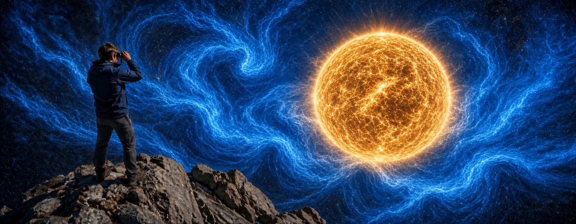 A man with binoculars on a rocky summit watches a glowing Sun surrounded by swirling blue magnetic field lines in a starry sky